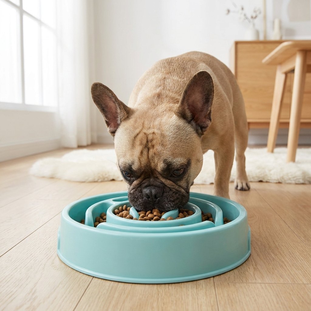 French bulldog eating from the SlowSnout maze slow feeder bowl