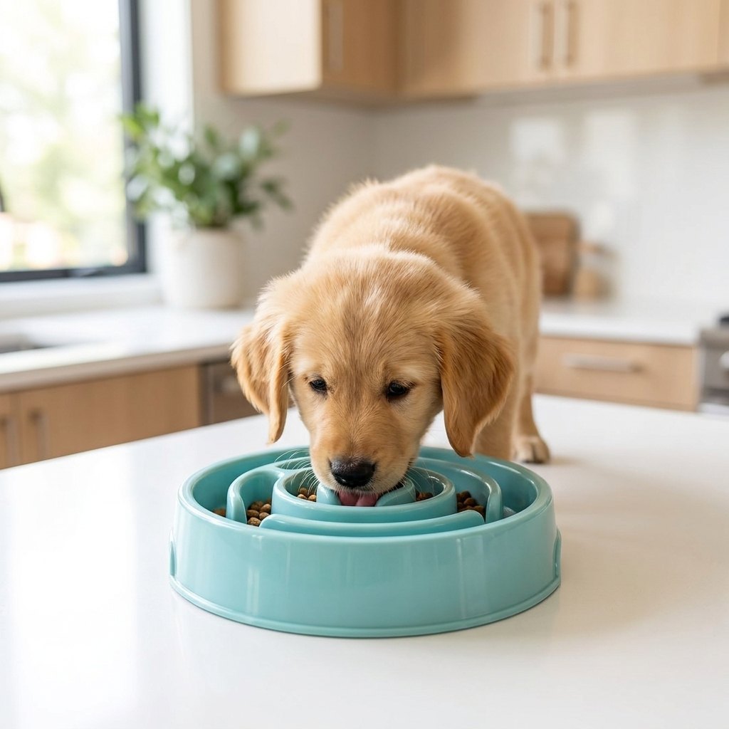 Golden retriever puppy eating from the SlowSnout slow feeder dog bowl